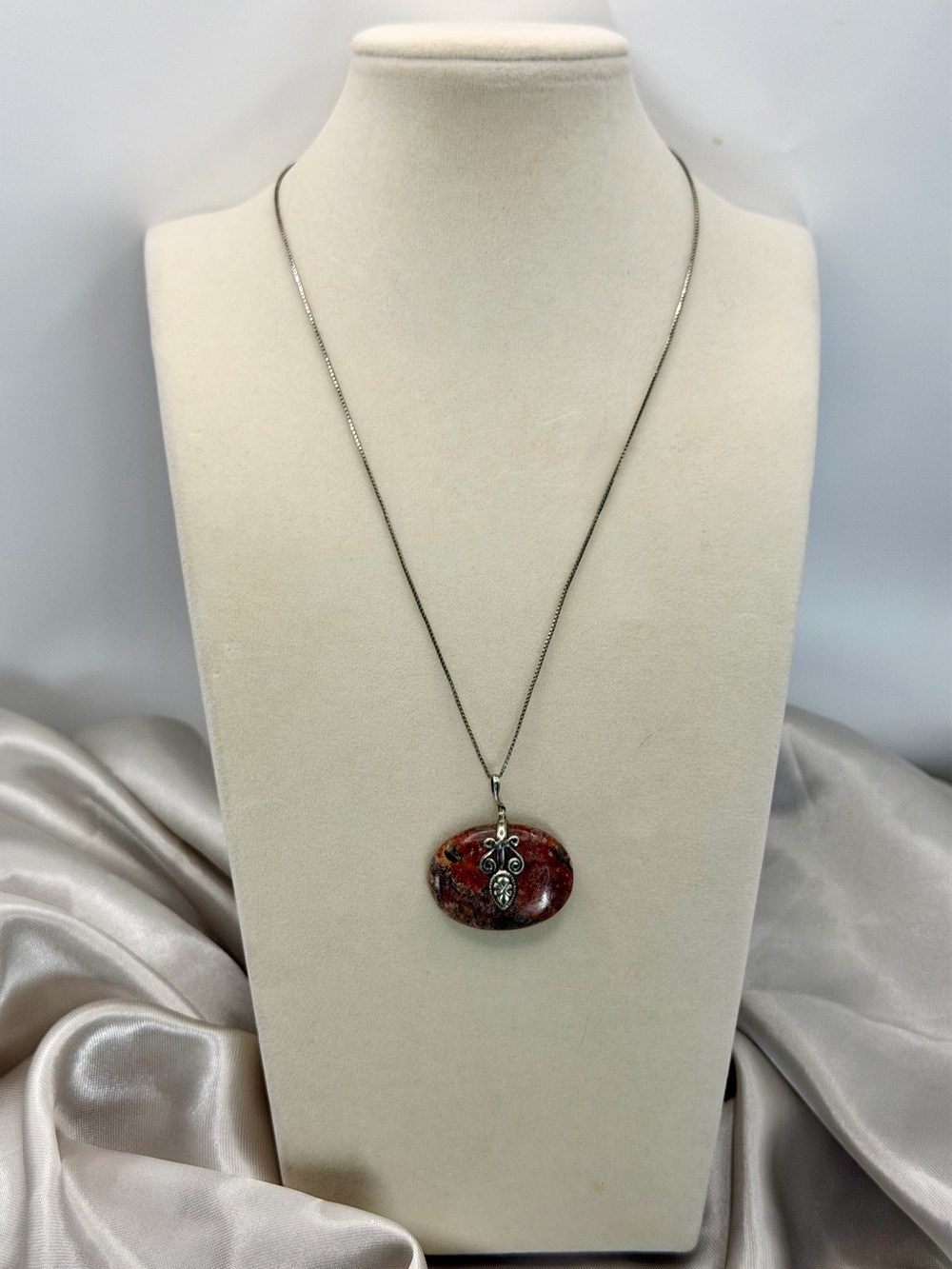 Vintage Sterling Silver Jasper Oval Pendant Necklace - Italy 925 Box Chain
